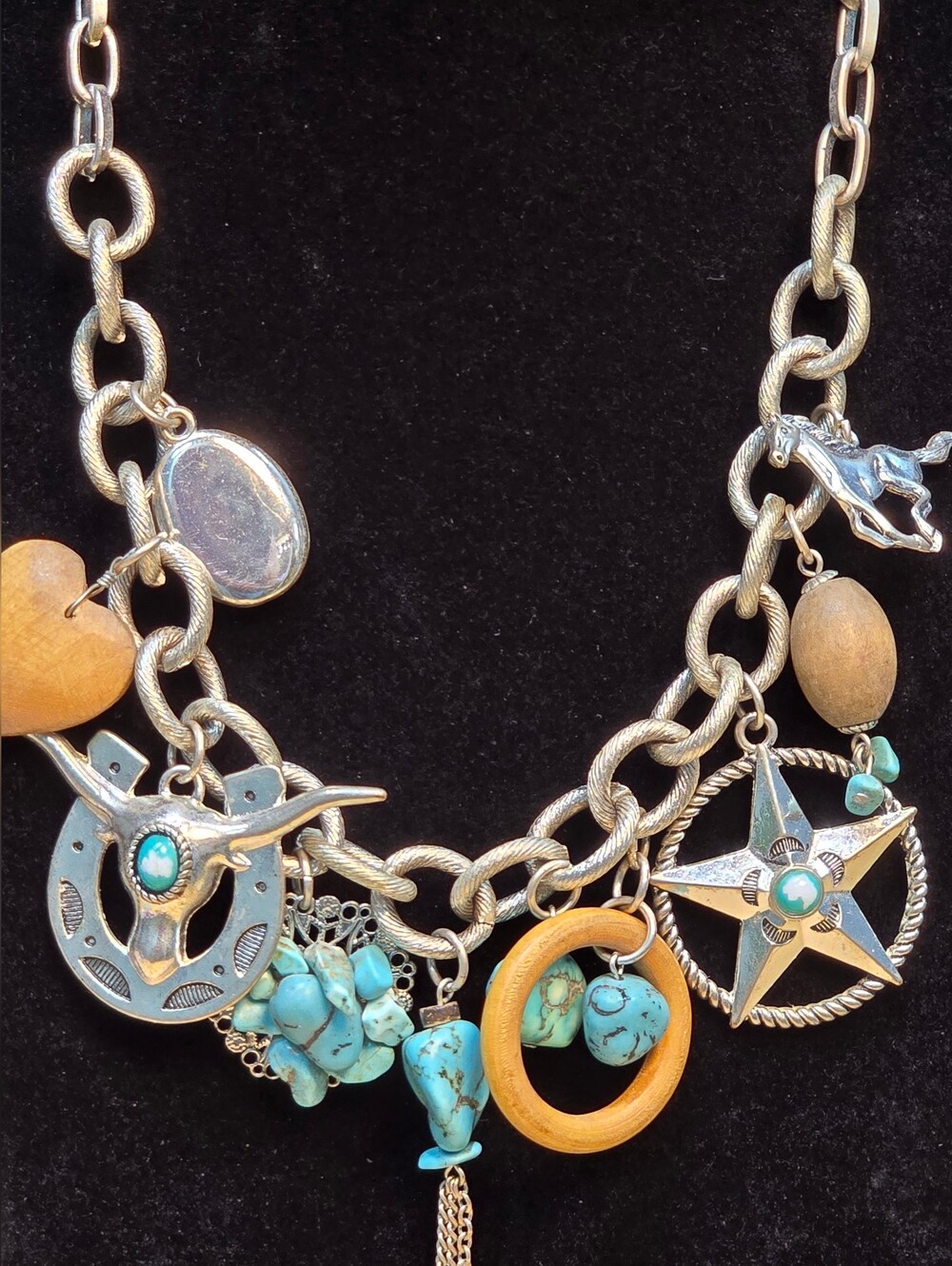 Boho Turquoise Charm Statement Necklace - Gold Tone - Picture 5 of 7